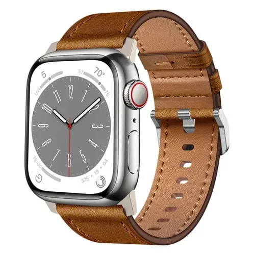 Correa de Reloj de Cuero Grano Superior Wilderness 44mm para Apple Watch Se 2022 (Titanio Rojo y Marrón)