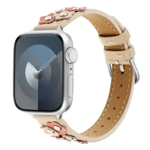 Correa de Reloj de Cuero para Apple Watch Series 8 45mm con Flores Cosidas (Caqui)