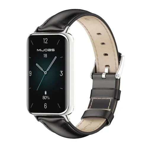 Correa de Reloj de Piel de Vaca Mijobs para Honor Band 9 (Negra y Plateada)