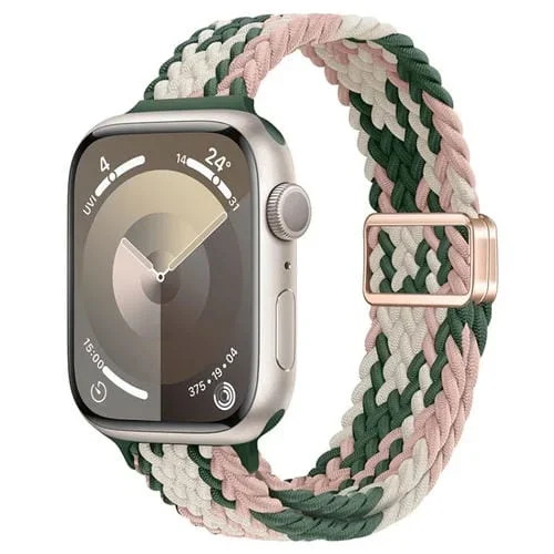 Correa de Reloj Nailon Trenzada con Hebilla Magnética para Apple Watch Se 2023 (40mm Estrella Rosa con Cactus)