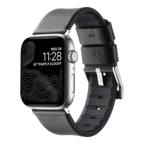 Correa de Reloj para Apple Watch Series 8 45mm Silicona y Cuero Genuino (Café) con Hebilla Plateada