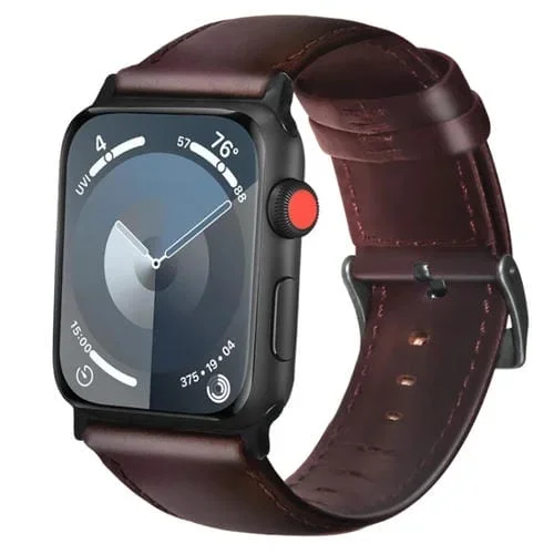 Correa de Reloj para Apple Watch Series 8 de Cuero Genuino con Cera de Aceite 41mm (Rojo Marrón)