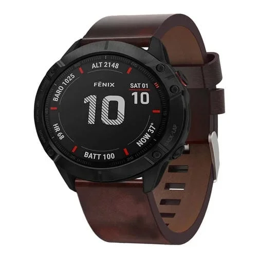 Correa de Reloj para Garmin Fenix 6X 26mm con Hebilla de Acero y Cuero (Marrón)