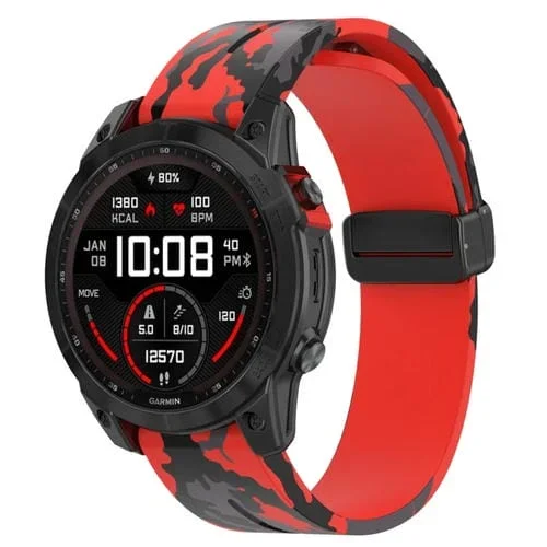 Correa de Reloj Silicona Garmin Fenix 7S Hebilla Plegable Magnética (Rojo Camuflaje)