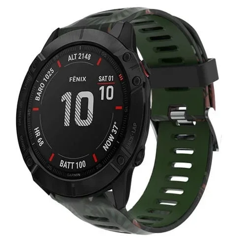 Correa de Reloj silicona para Garmin Fenix 6X 26mm con estampado camuflaje (Verde Militar + Bambú)