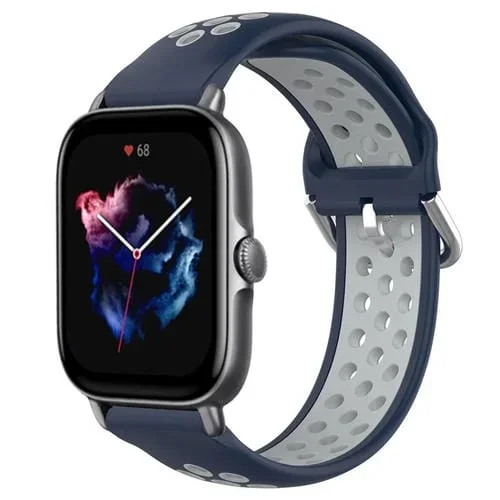 Correa de Silicona Deportiva para Amazfit GTS 3 20mm Transpirable Perforada (Azul Medianoche + Gris)
