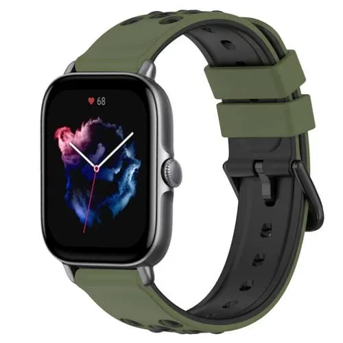Correa de Silicona para Amazfit GTS 3 20mm Porosa Dos Colores (Verde Militar + Negro)