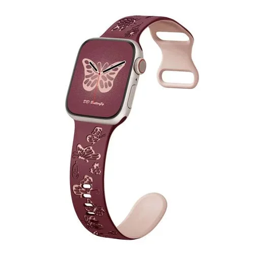 Correa de Silicona para Apple Watch Se 2022 44mm con Hebilla en Forma de 8 y Patrón de Mariposas (Rojo Vino y Rosa)