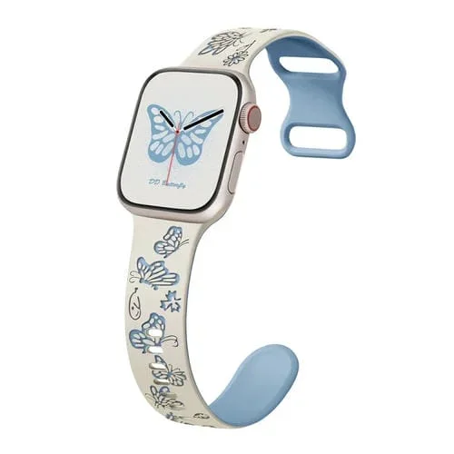 Correa de Silicona para Apple Watch Se 2023 44mm con Hebilla en Forma de 8 y Patrón de Mariposas (Azul Niebla Blanca)