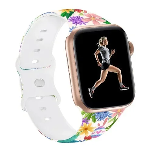 Correa de Silicona para Apple Watch SE 44mm con Estampado de Pascua y Hebilla de Mariposa (Flores de Colores)