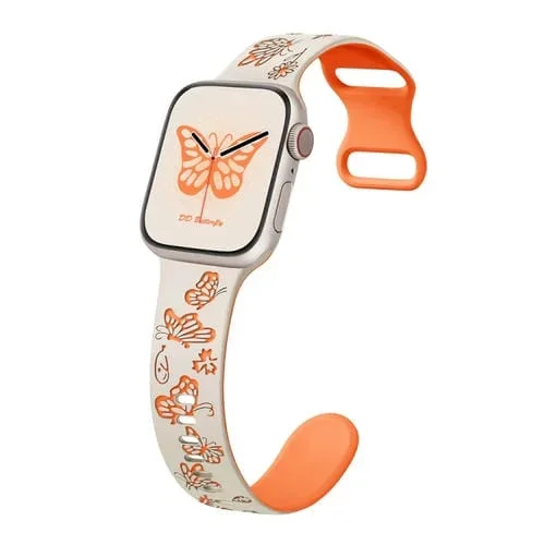 Correa de Silicona para Apple Watch Series 8 41mm con Patrón de Mariposa y Hebilla en Forma de 8 (Starlight + Naranja)
