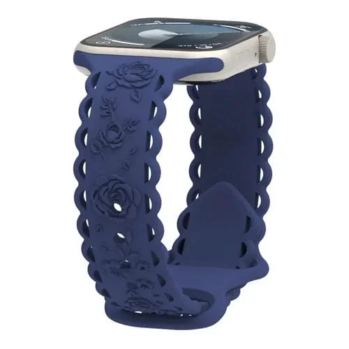 Correa de Silicona para Apple Watch Series 8 con Relieve de Rosa 3D y Encaje 45mm (Azul Marino)