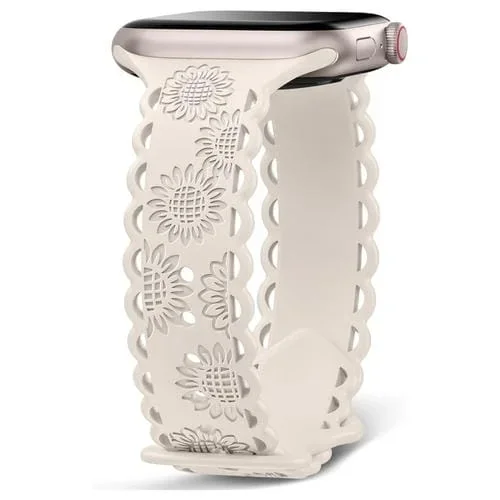 Correa de Silicona para Apple Watch Ultra 2 49mm con Relieve de Girasol y Encaje (Starlight)