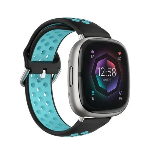 Correa de Silicona para Fitbit Sense Perforada Transpirable (Negro + Verde Azulado)