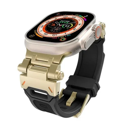 Correa de TPU para Apple Watch Series 8 45mm con Conector de Acero Inoxidable (Dorado y Negro)