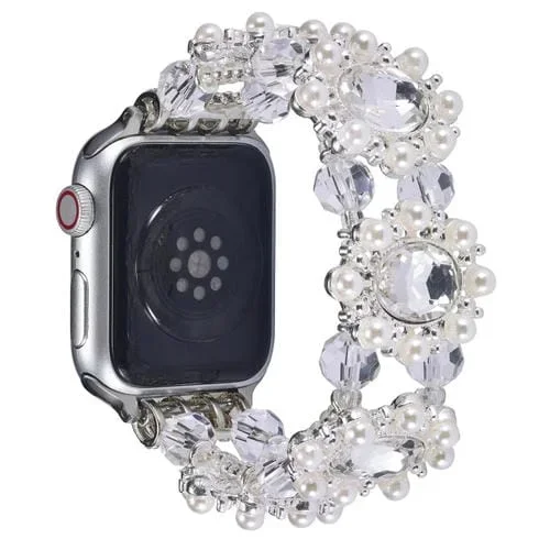Correa para Apple Watch Series 2 42mm con Pulsera de Piedras Preciosas y Perlas (Blanco)