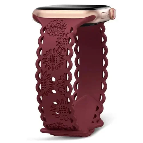 Correa para Apple Watch Ultra 2 49mm de Silicona con Relieve de Girasol y Encaje (Rojo Vino)