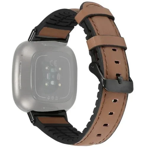 Correa para Fitbit Versa 3 Leather y Silicone Watch Band (Marrón)