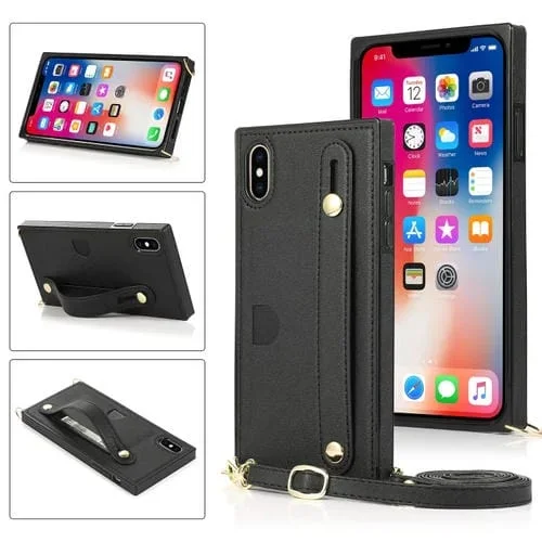 Correa para Muñeca + Estuche TPU para iPhone X / Xs a Prueba de Golpes con Soporte y Ranura para Tarjeta (Negro)