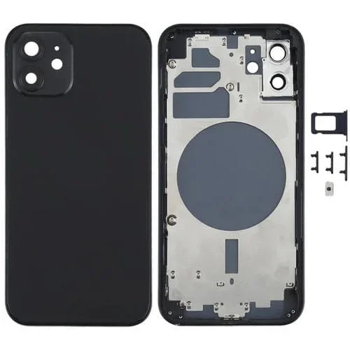 Cubierta de Carcasa Trasera Apple iPhone 12 con Bandeja Tarjeta SIM, Teclas Laterales y Lente de Cámara (Negro)
