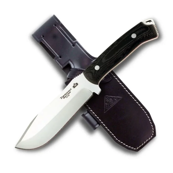 Cuchillo CDS Modelo TARTESSUS hoja en acero MOVA-58 de 14,5 cm Full Tang, mango de Micarta Negra, funda de cuero negro, ideal para actividades al aire libre.