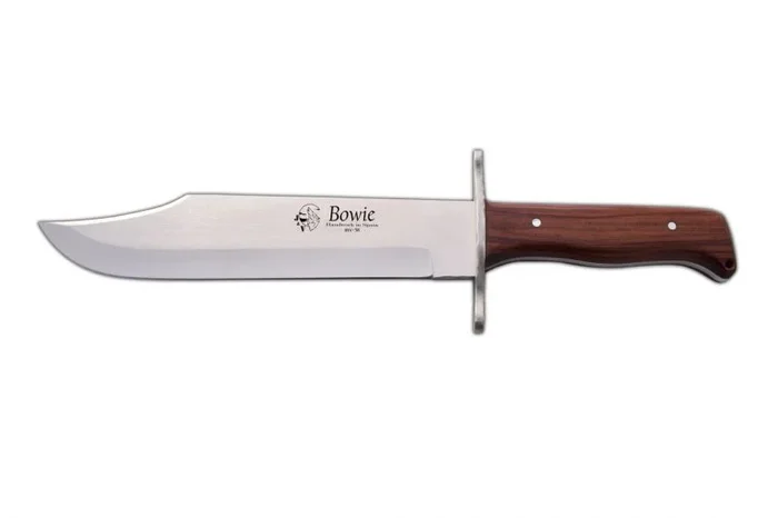 Cuchillo de Caza BOWIE J&V con mango de Madera natural de cocobolo, hoja de 28 cms y Funda marrón de piel, Herramienta de Camping para Pesca, Caza, Actividad Deportiva