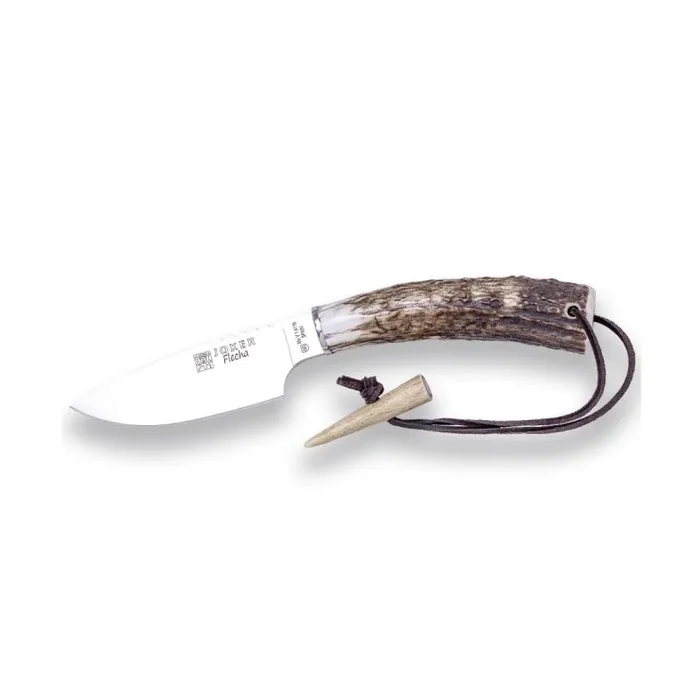 Cuchillo de caza Joker «Flecha» CC106, hoja de 11 cm, mango de asta de ciervo, cruceta inox, con funda de cuero color marrón, Herramienta de pesca, caza, camping y senderismo