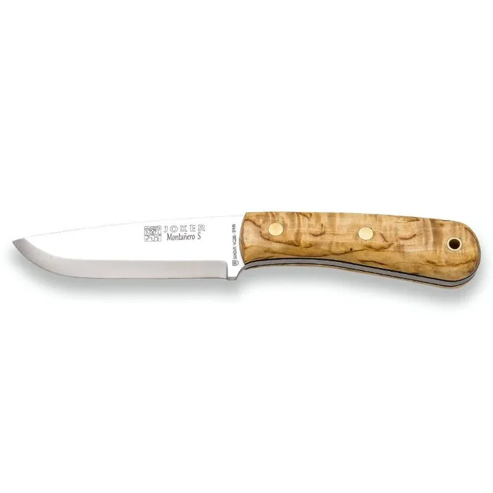 Cuchillo de caza Joker «Montañero S» CL135, hoja Sandvik 14C28N de 11 cm, puño de abedul rizado, funda de cuero marrón, herramienta de pesca, caza, camping y senderismo