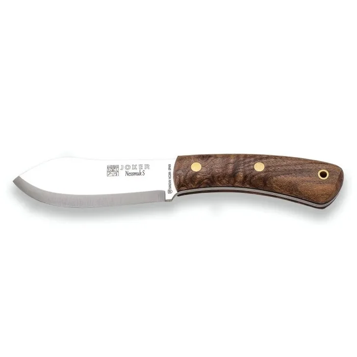 Cuchillo de caza Joker «Nessmuk S» CL132-P, hoja de 11 cm Sandvik 14C28N, mango de abedul, funda marrón de cuero y pedernal, herramienta de pesca, caza, camping y senderismo
