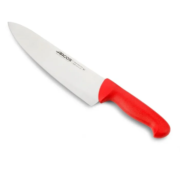 Cuchillo de cocinero Arcos Colour – Prof 290822 de acero inoxidable Nitrum y mango ergonómico de Polipropileno de color rojo y hoja de 25 cm, funda display