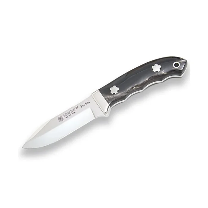 Cuchillo de monte enterizo Joker «Teckel» CF84, cachas en asta de búfalo, hoja de 9,5 cm MOVA, virola inox, herramienta de pesca, caza, camping y senderismo