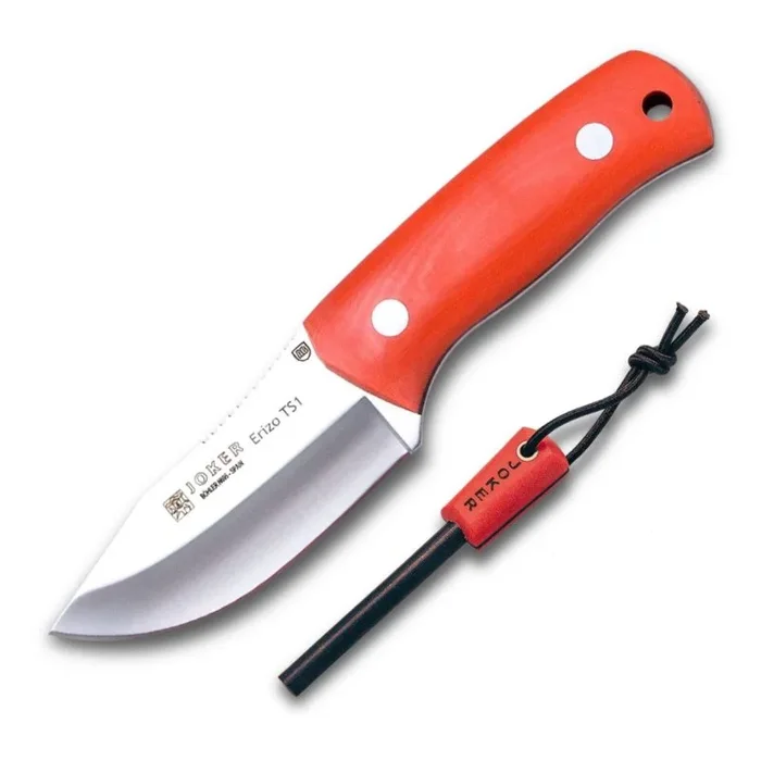 Cuchillo desollador «Erizo» TS1 Joker CN81-P, hoja de 7,5 cm, mango Canvas Micarta Naranja, funda de cuero negro, Herramienta de pesca, caza, camping y senderismo