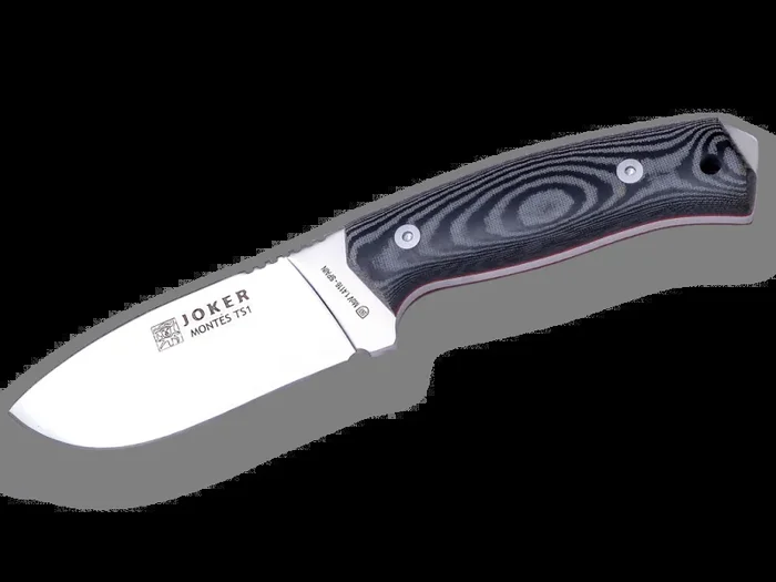 Cuchillo enterizo Joker «S.W.A.T.» CT18-1, hoja MOVA 1.4116 de 10,5 cm, mango micarta, con funda de cuero negro, herramienta de pesca, caza, camping y senderismo