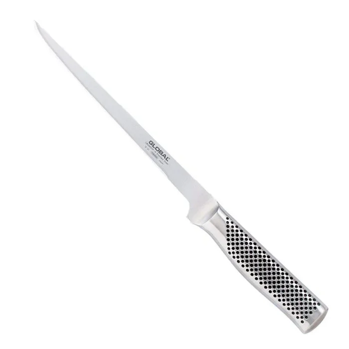 Cuchillo Global especial para destripar y cortar pescado. Modelo G-41, Fabricado con acero inoxidable de la mejor calidad. Global Swedish fillet 21cm. Hojas hechas de CROMOVA 18 con una dureza de 56 – 58 HRC. Diseño de una pieza con hoja resistente y afil