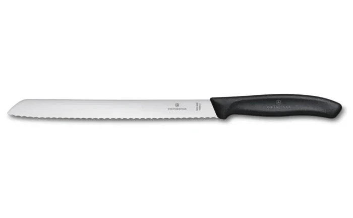 Cuchillo para pan Victorinox en caja de regalo, modelo con filo aserrado súper afilado, ideal para panes crujientes y cáscaras duras, mango ergonómico, negro.