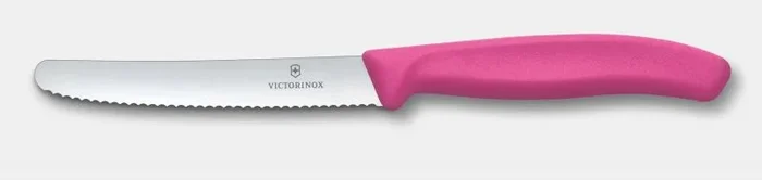 Cuchillo para verdura Victorinox Swiss Classic, modelo filo dentado súper afilado, ideal para frutas y verduras, mango ergonómico, apto para lavavajillas, rosa.