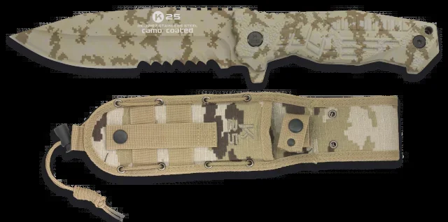 Cuchillo Táctico K25 con mango de aluminio, hoja de acero inoxidable recubierto camo de 14 cm con sistema de apertura rápida y funda de nylon 32167