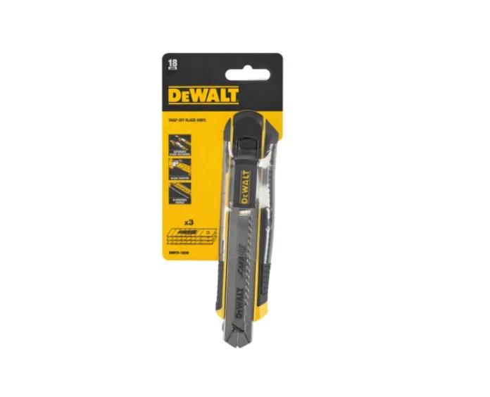 Cutter de plástico 18 mm con bloqueo automático, mango ergonómico y cuchillas de repuesto integradas, ideal para cortes precisos en múltiples materiales.