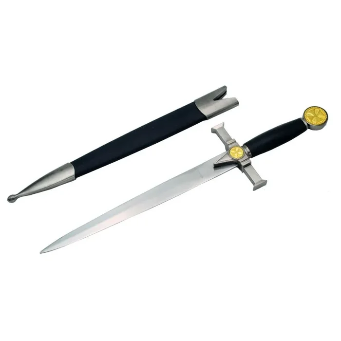 Daga Medieval templaria S0171, pomo y guarda de color níquel con detalles en dorado y empuñadura negra, tamaño total de 42 cm con la hoja de acero, vaina negra