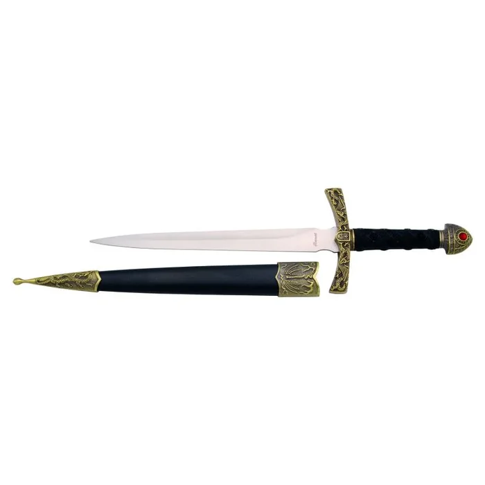 Daga Vikinga S0164, pomo de color bronce con brillante rojo, guarda color dorado con empuñadura negra, largo total de 35 cm con la hoja de acero, vaina negra con acabados en bronce