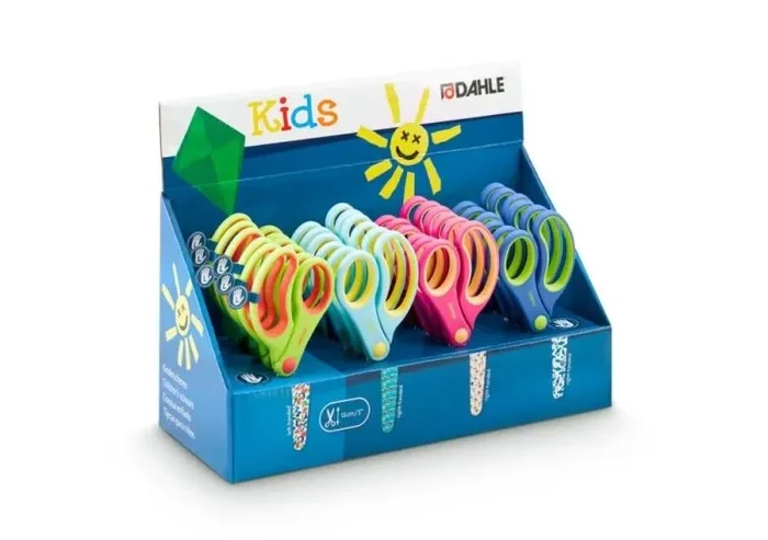 Dahle 54683 kids expositor de 24 tijeras infantiles 13cm – puntas redondeadas – acero inoxidable – mangos ergonomicos recubiertos de goma – colores surtidos