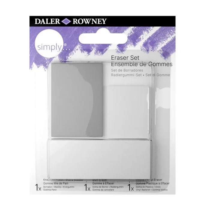 Daler Rowney Set de Gomas para Dibujo DALER ROWNEY Simply, con 3 Gomas : Estándar, Miga de Pan y Goma Plástica