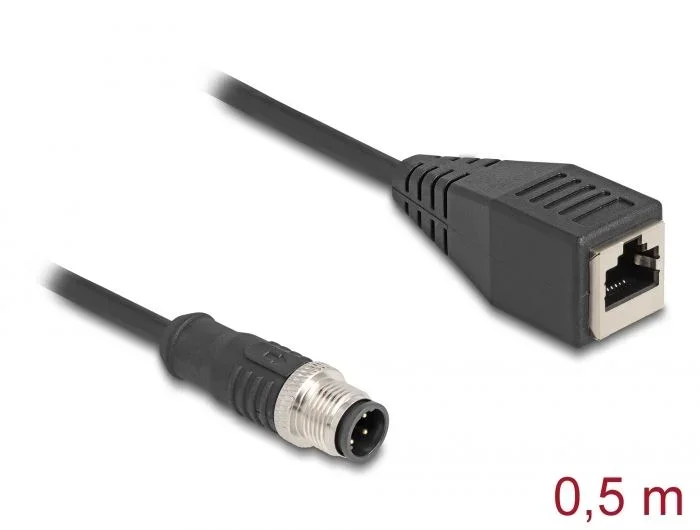 DeLOCK M12 Cable adaptador con codificación D de 4 entradas macho a RJ45 hembra, 50 cm