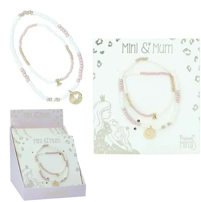 Depesche 12145 Princess Mimi Mini&Mum – Juego de 2 pulseras para madre e hija con colgante de corazón, joyas de perlas en blanco, oro y rosa