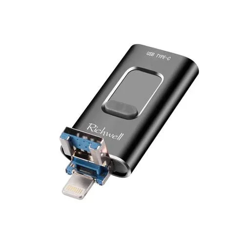 Disco Flash 3 en 1 Richwell 64G Type-C 8 Pin USB 3.0 Push-Pull Metal (Negro)