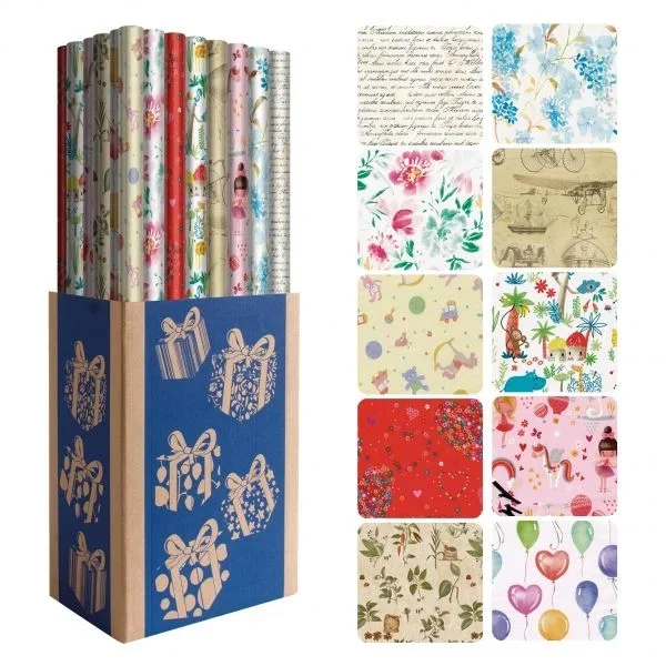 Dohe everyday expositor de 50 rollos de papel regalo – 10 diseños diferentes – 5 rollos por diseño – medidas del rollo 0.70x2m