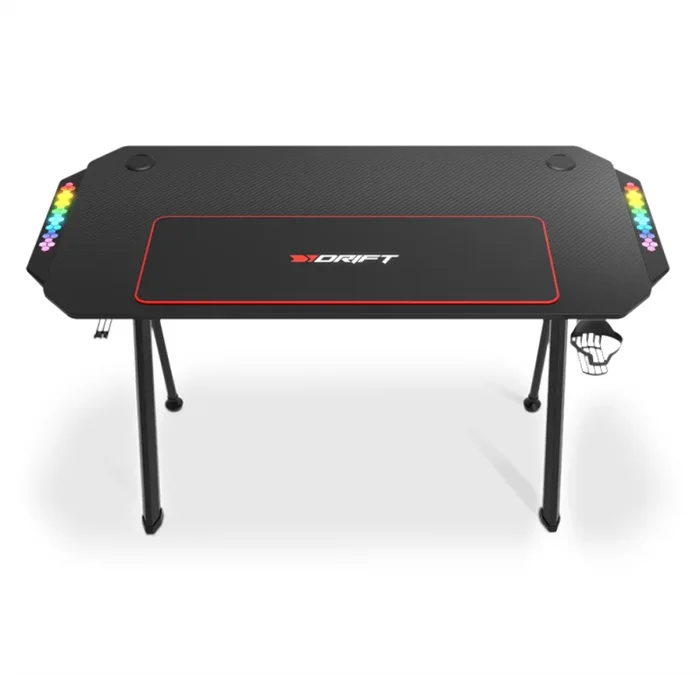 DRIFT GAMING DRDZ175RGB – Mesa Gaming con Tablero de Fibra de Carbono, Soporte para Bebidas y Auriculares, Laterales RGB reactivos al Sonido, Alfombrilla 80 x 30 cm, Color Negro