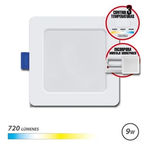 Elbat downlight cuadrado 9w – 720lm – selector 3 temperaturas + sobrepared – color blanco