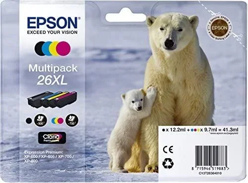 EPSON C13T26364010 – Cartuchos de tinta (26XL, 4 unidades, 12,2/9,7 ml, 500 páginas en blanco y negro, 700 páginas en blanco y color)