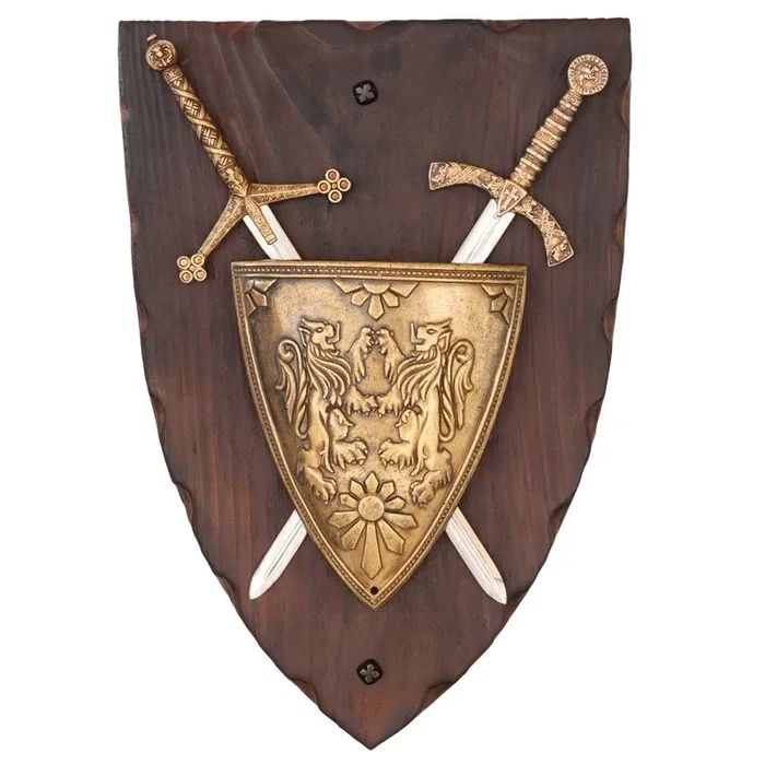 Escudo de armas y 2 espadas panoplia de la Europa Medieval S VI-XV de 28 cm y 753 gr fabricada en madera y metal